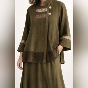 Yasuko 100% Silk Wearable Art Set Olive Kimono Jacket & Skirt M/L Luxe